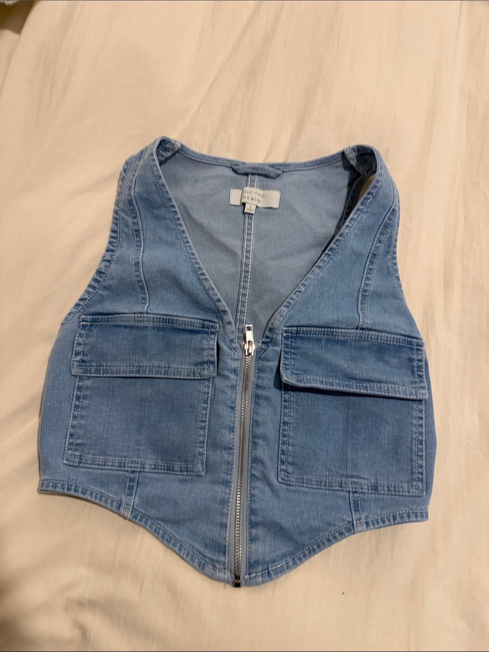 Love Tree Light Blue Denim Zip-Front Crop Vest